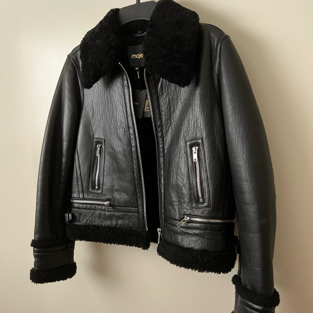 Maje Leather Shearling Jacket - Picture 4 of 8
